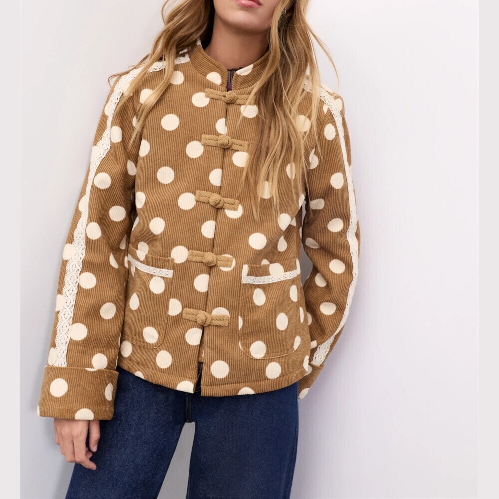 Tan Polka Dot Corduroy Frog Closure Stand Collar Jacket with Lace Trim